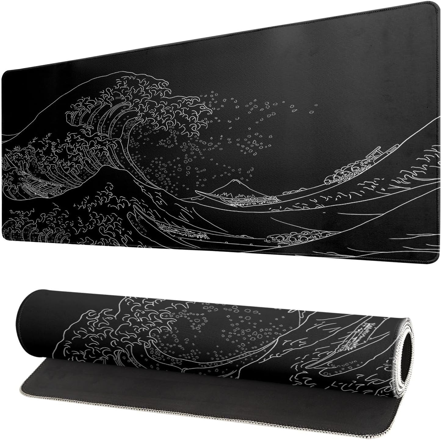Japanese Sea Wave Large Mouse Pad, Anime Black Gaming, Extended Kanagawa Mat Desk Pad, 3Mm Thick Long Non-Slip Rubber Base Mice Pad, 31.5 X 11.8 Inch