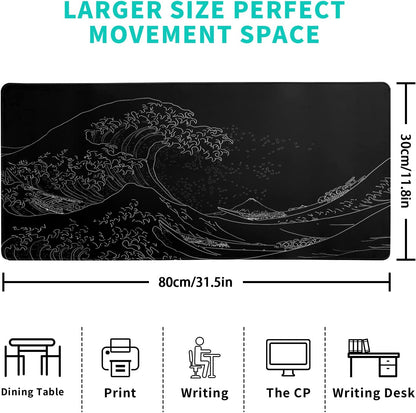Japanese Sea Wave Large Mouse Pad, Anime Black Gaming, Extended Kanagawa Mat Desk Pad, 3Mm Thick Long Non-Slip Rubber Base Mice Pad, 31.5 X 11.8 Inch