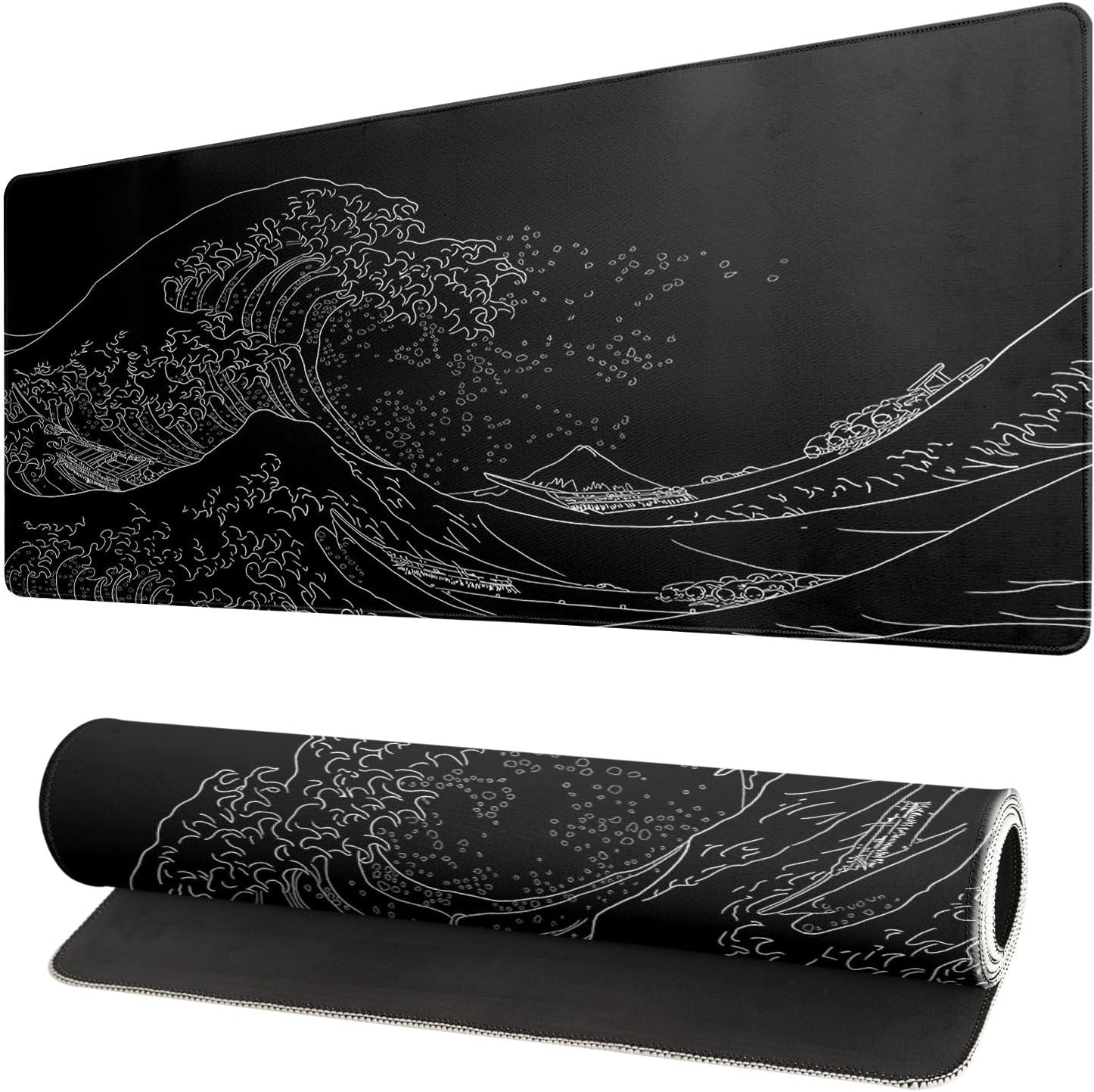 Japanese Sea Wave Large Mouse Pad, Anime Black Gaming, Extended Kanagawa Mat Desk Pad, 3Mm Thick Long Non-Slip Rubber Base Mice Pad, 31.5 X 11.8 Inch