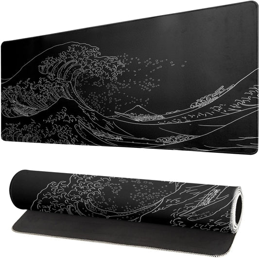 Japanese Sea Wave Large Mouse Pad, Anime Black Gaming, Extended Kanagawa Mat Desk Pad, 3Mm Thick Long Non-Slip Rubber Base Mice Pad, 31.5 X 11.8 Inch