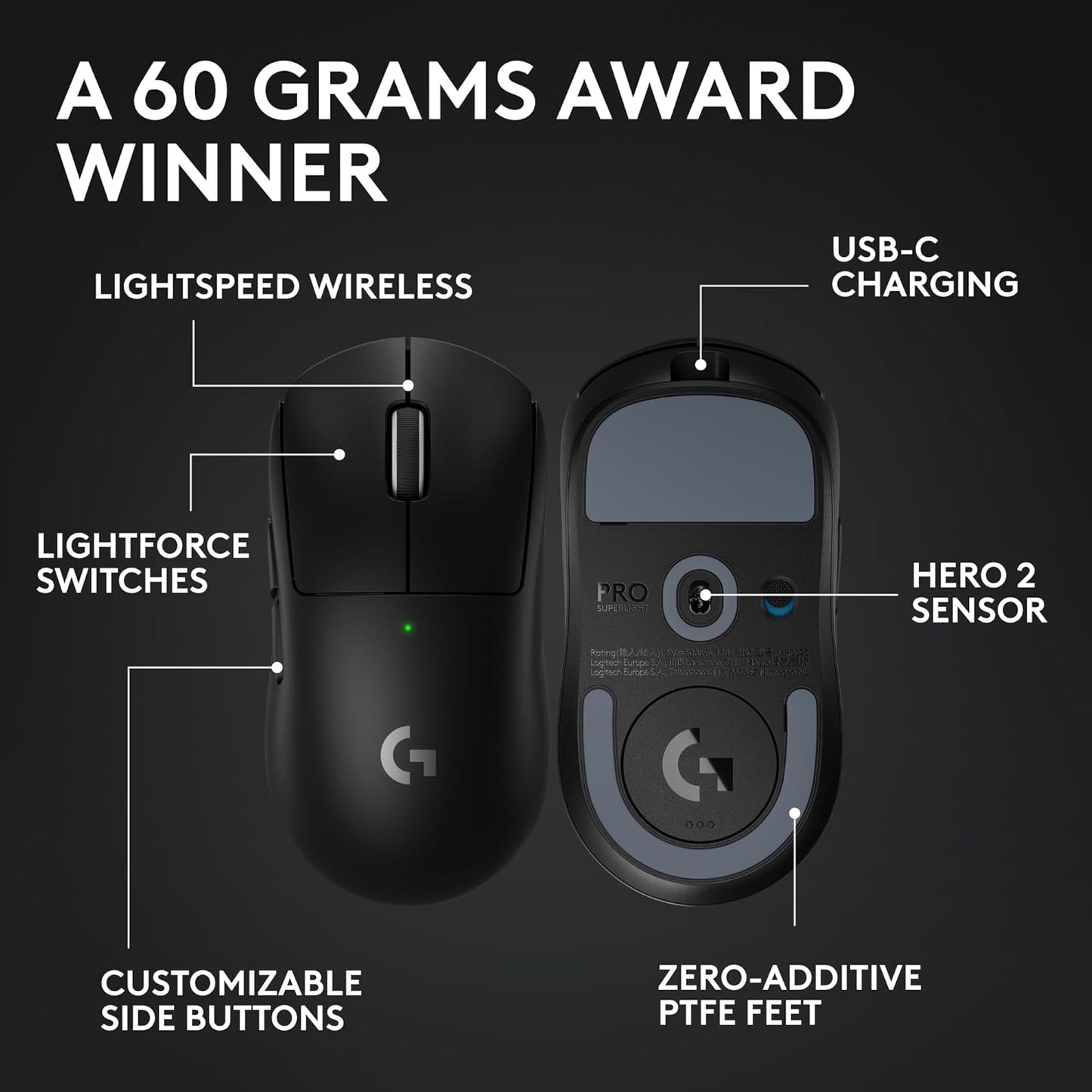PRO X SUPERLIGHT 2 Wireless Gaming Mouse, 60G Pro-Grade with 5 Programmable Buttons, 44K DPI Sensor, 8Khz Report Rate, USB-C Charging for Pc/Mac - Black