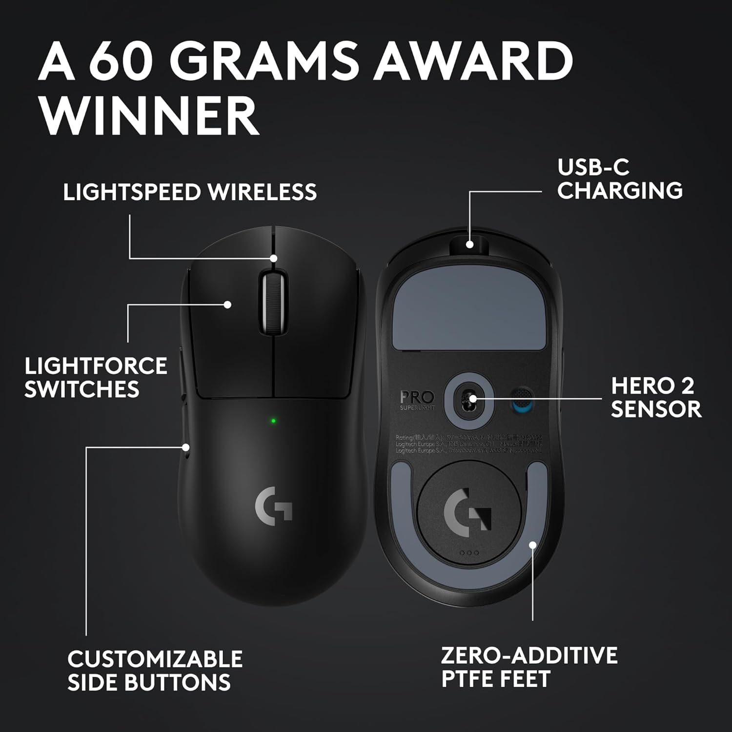 PRO X SUPERLIGHT 2 Wireless Gaming Mouse, 60G Pro-Grade with 5 Programmable Buttons, 44K DPI Sensor, 8Khz Report Rate, USB-C Charging for Pc/Mac - Black