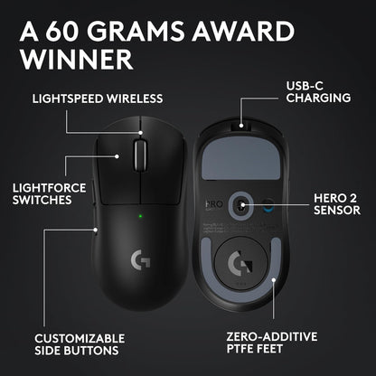 PRO X SUPERLIGHT 2 Wireless Gaming Mouse, 60G Pro-Grade with 5 Programmable Buttons, 44K DPI Sensor, 8Khz Report Rate, USB-C Charging for Pc/Mac - Black